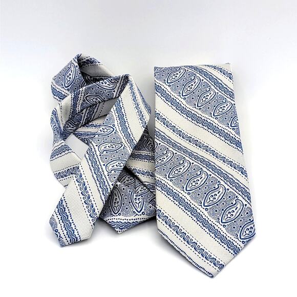Paul Fredrick Silk Tie Paisley Geometric Stripe Textured Traditional Ivory Blue - Picture 3 of 8